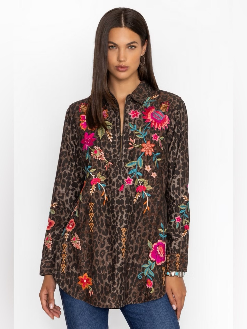 Johnny Was Brown Leopard Tunic with Bright Floral Embroidery